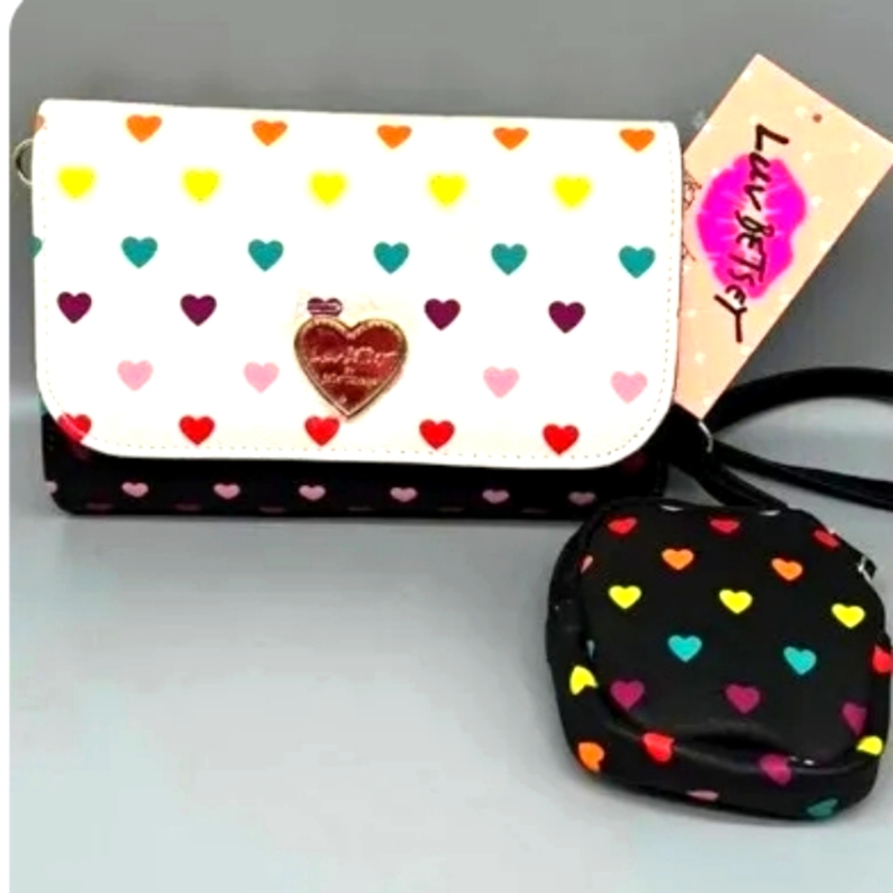 Luv Betsey Black and White Foley Purse with Rainbow Hearts and Earbud Pouch